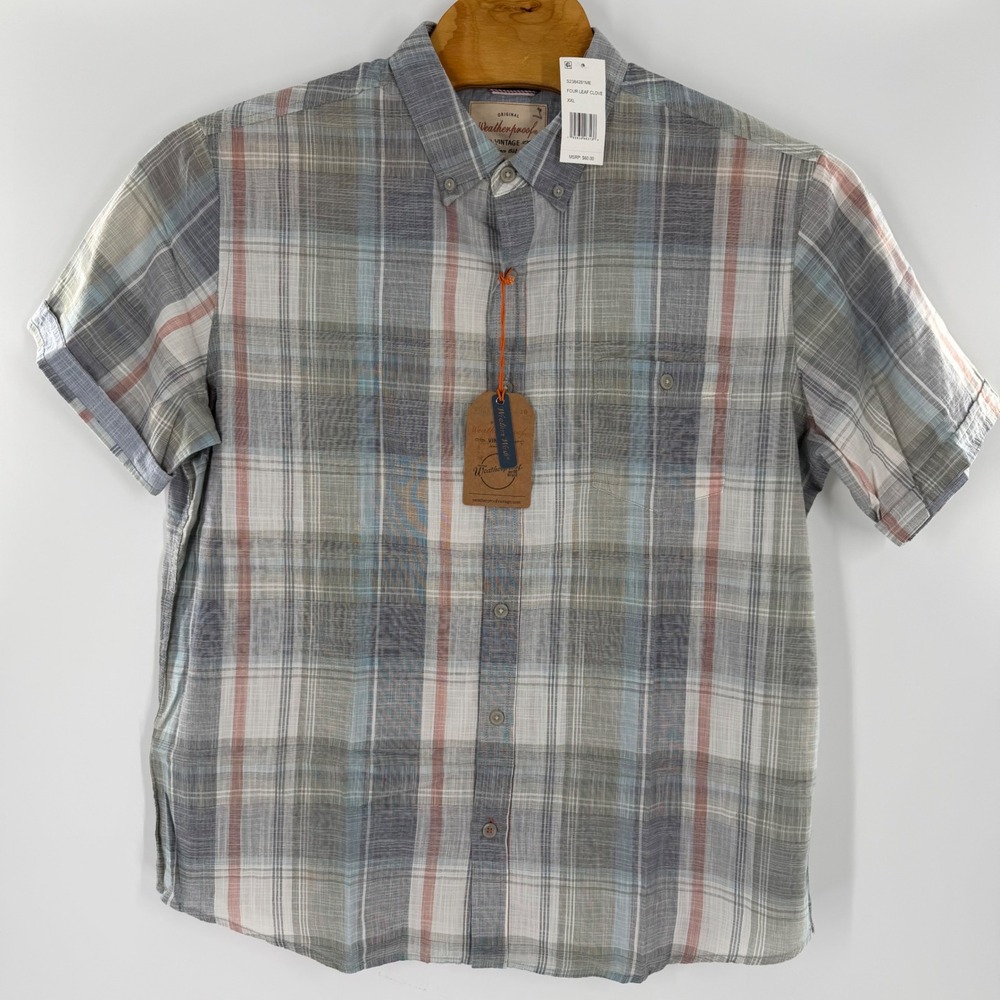Weatherproof Vintage Mens XXL Blue Plaid Cotton Short Sleeve Button Down Shirt
